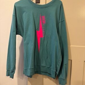 Teal Crew Neck Sweater with Pink Graphic